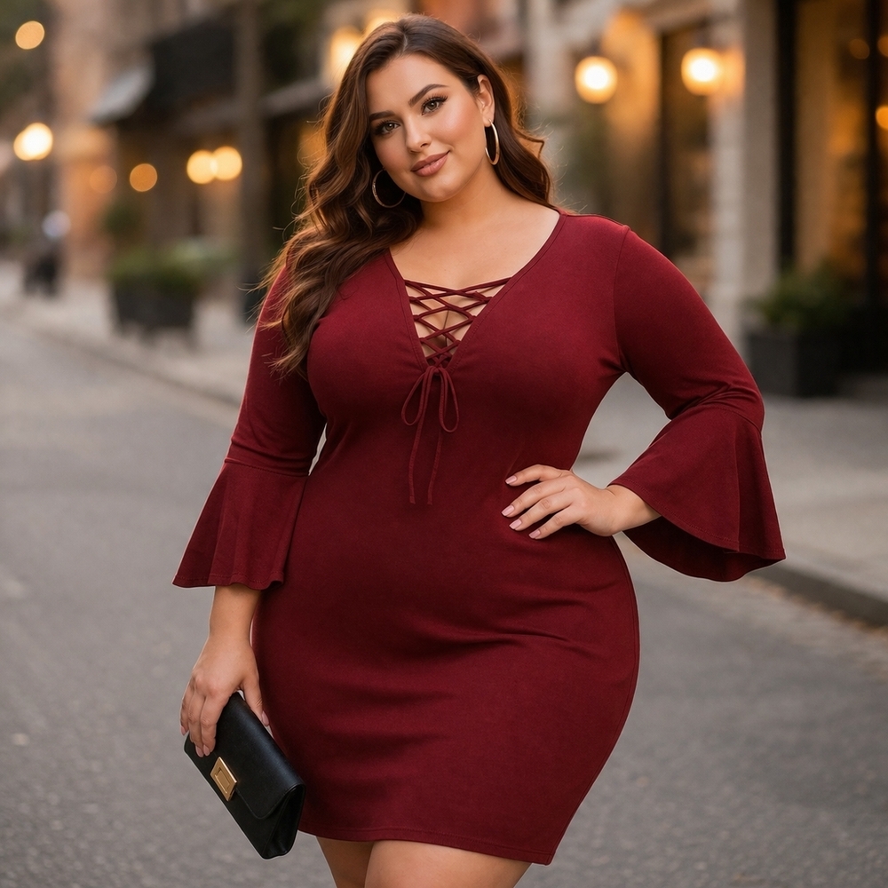 IRIS Lace Up Dress Plus Size 1X Burgundy Bell Sleeve Stretch Bodycon